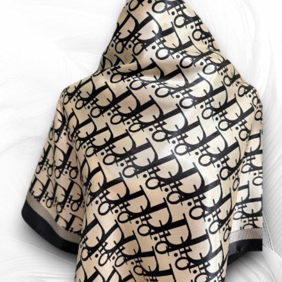 Black & Cream Geometric Satin Scarf Elegant Lightweight Shawl - Picture 3 of 5